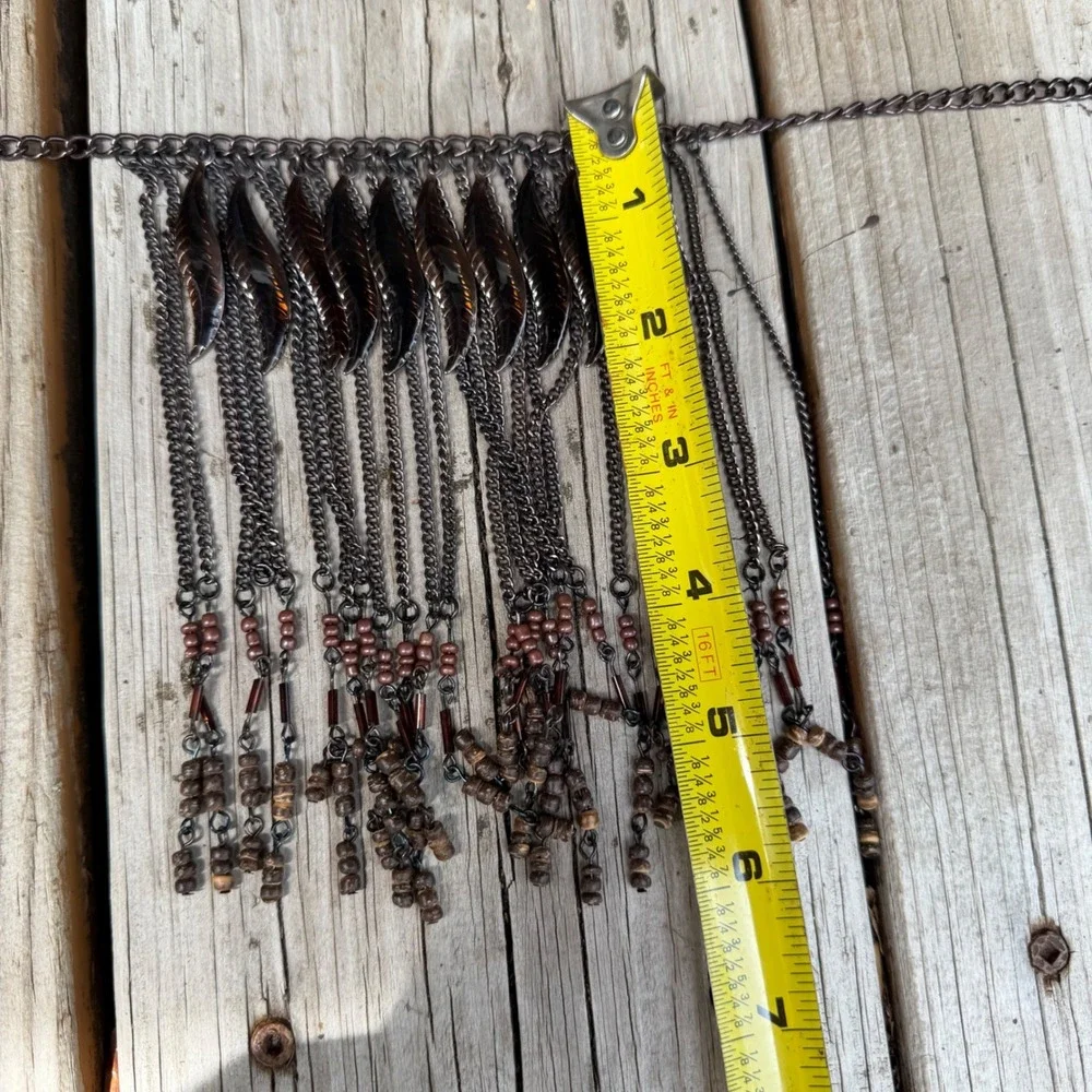 Whimsigoth Gunmetal Leaf Statement Necklace Earthy Boho Fringe Bib